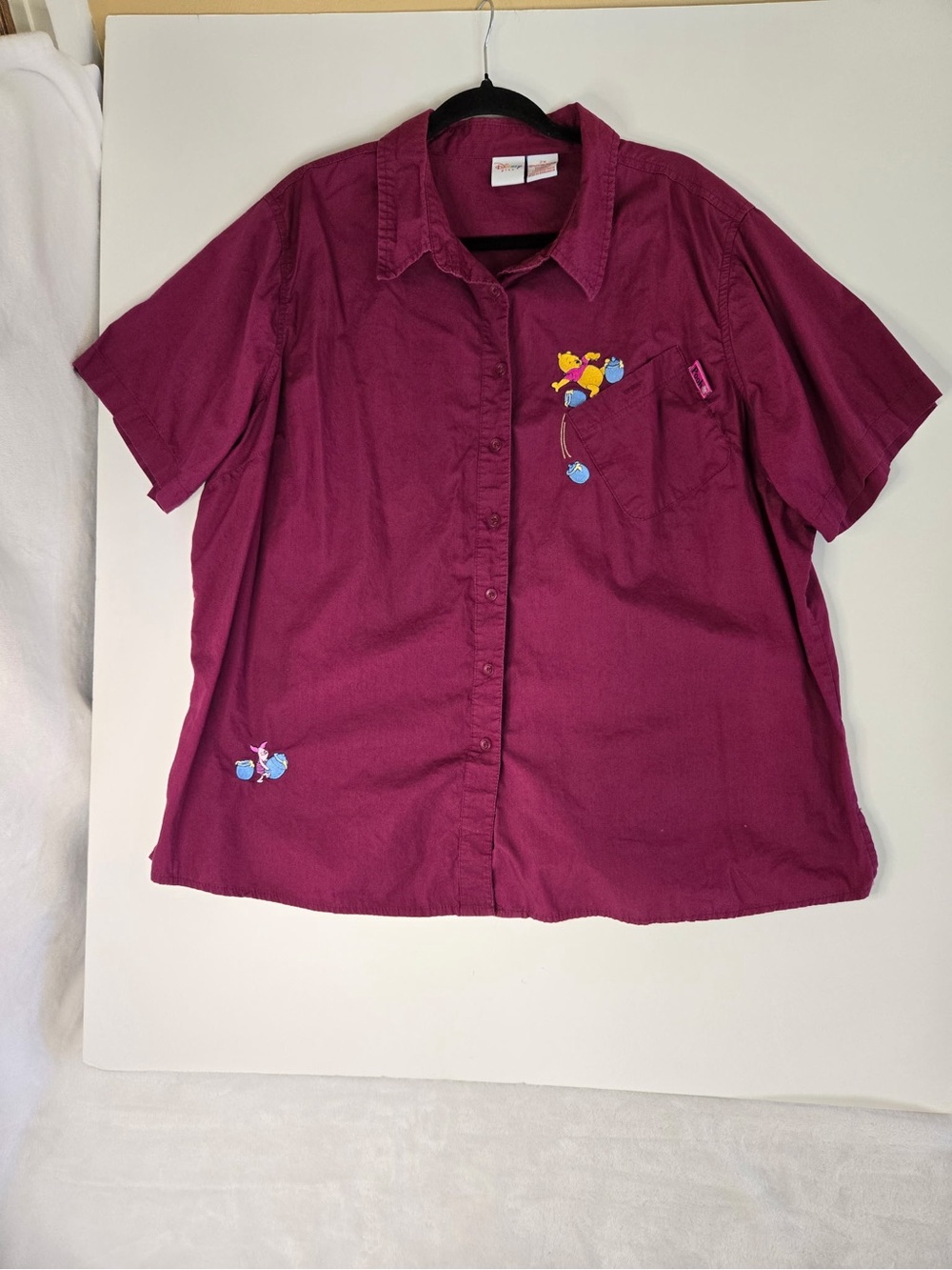 Disney Short-Sleeve Button-Down Shirt in Berry with Embroidered Characters